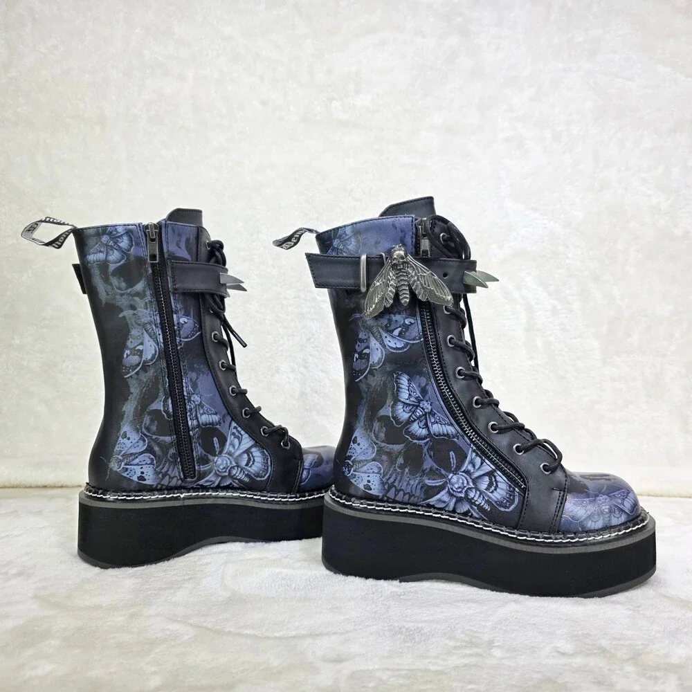 NIB NEW DEMONIA Emily Death Moth Skull Graphic Platform Goth Punk Mid Calf Boots - Picture 3 of 16